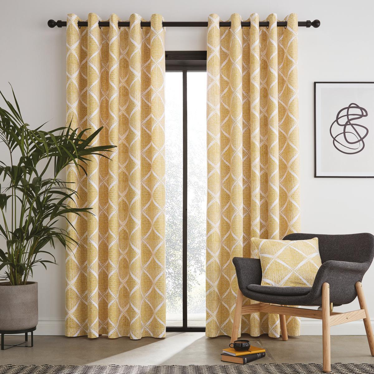 Catherine Lansfield Geo Textured Diamond Ochre Eyelet Curtains Ochre – image 2