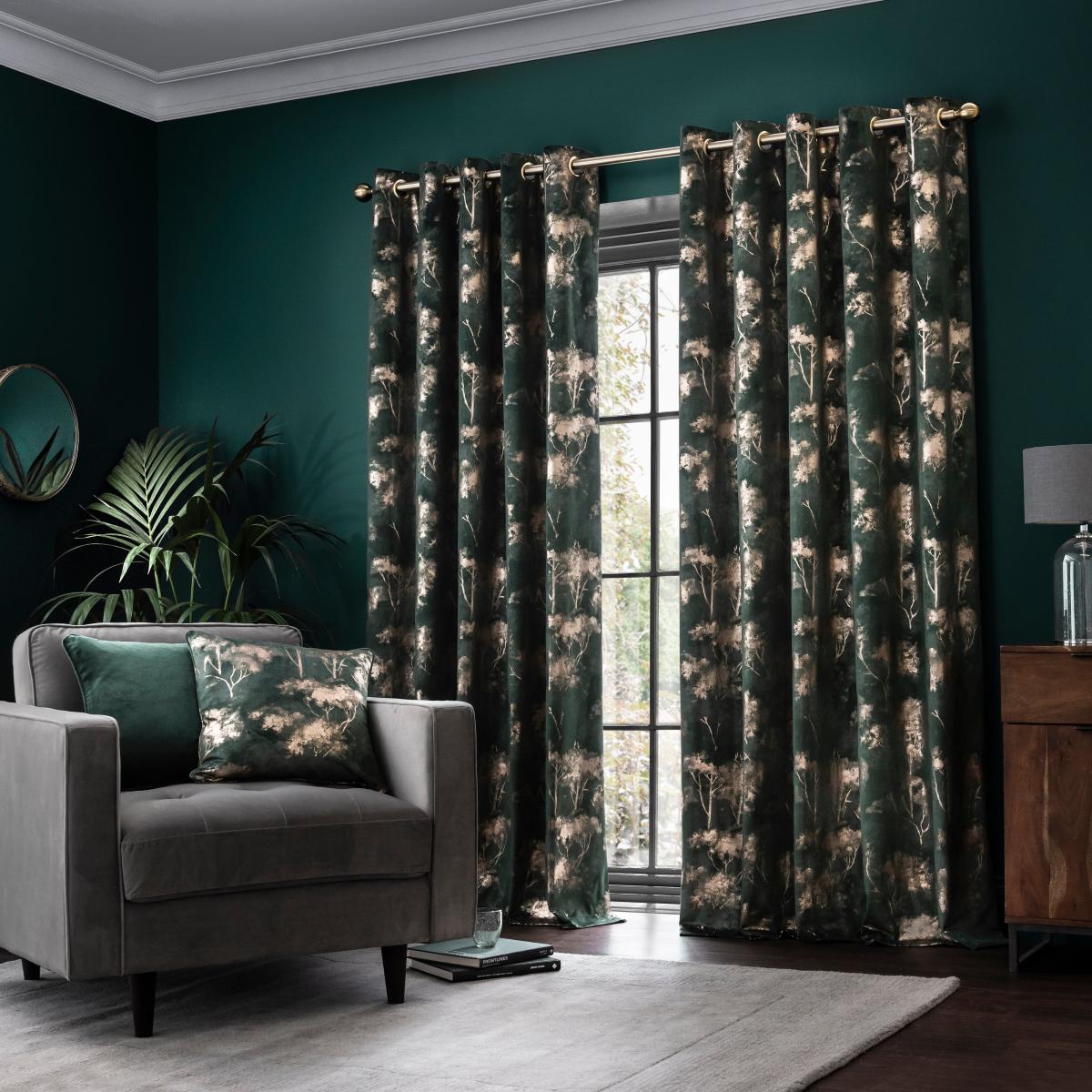 Velour Tree Print Emerald Eyelet Curtains Green/Gold – image 2