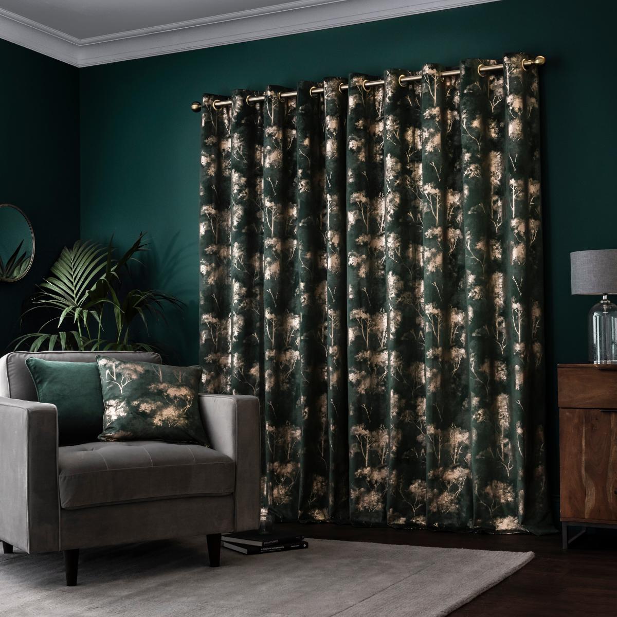 Velour Tree Print Emerald Eyelet Curtains Green/Gold – image 3