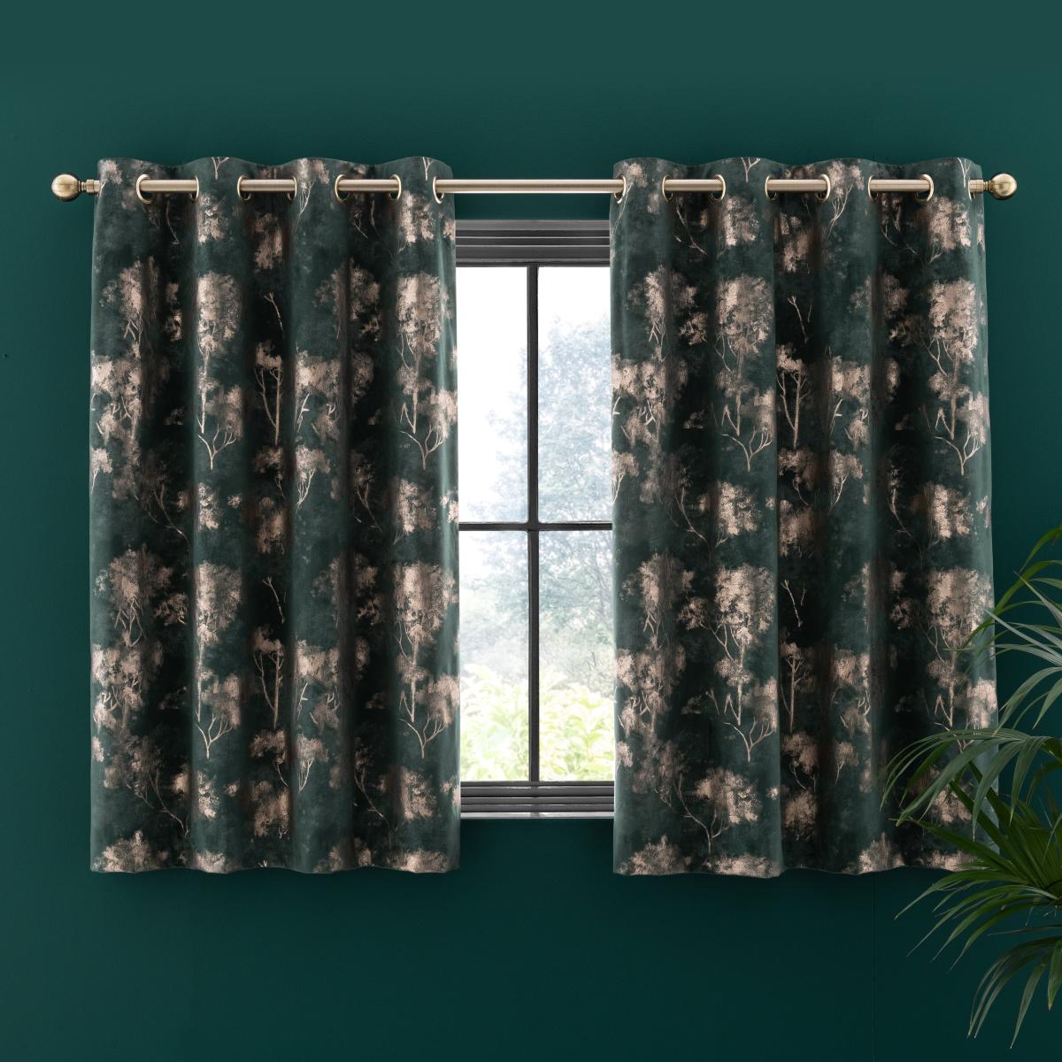 Velour Tree Print Emerald Eyelet Curtains Green/Gold – image 4