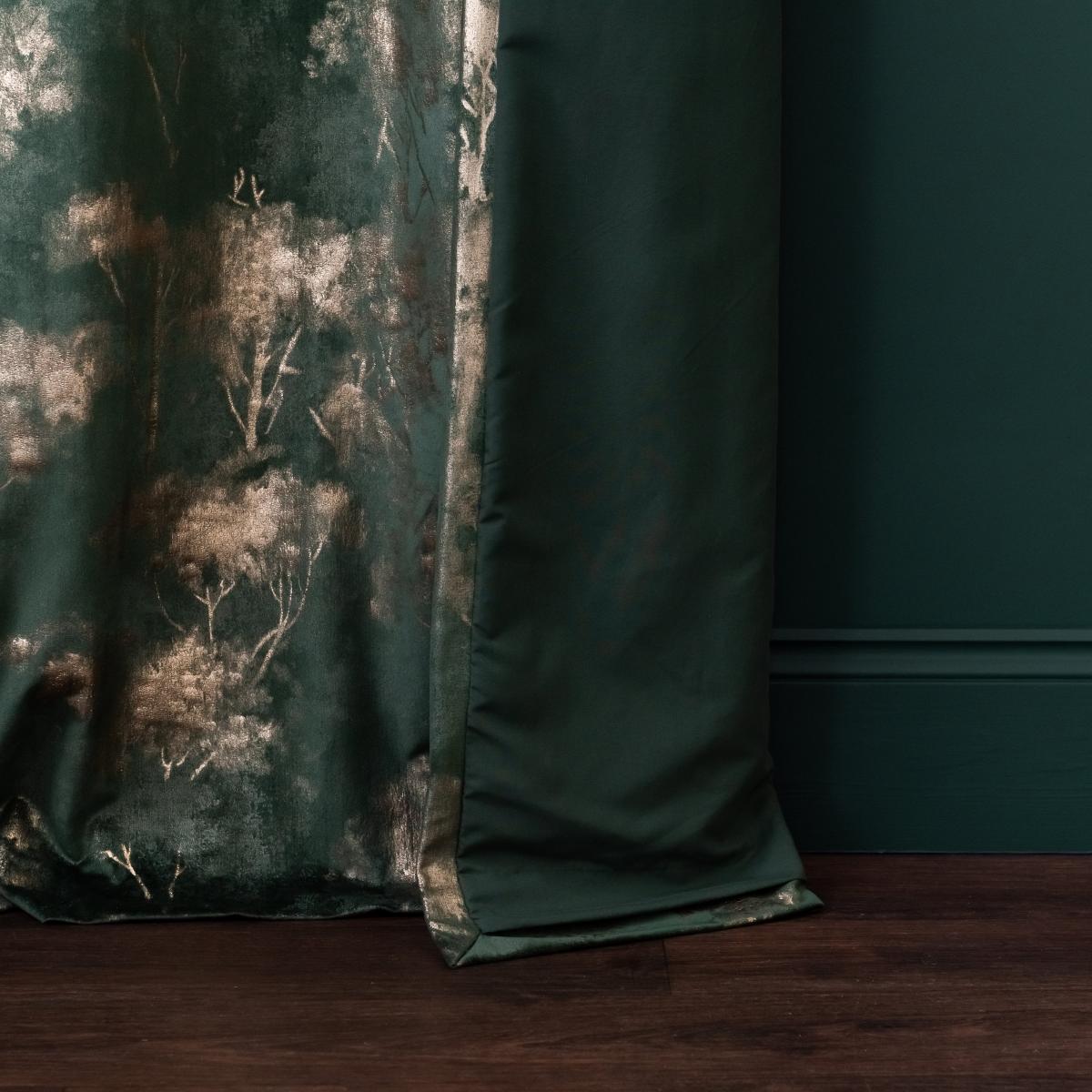 Velour Tree Print Emerald Eyelet Curtains Green/Gold – image 5