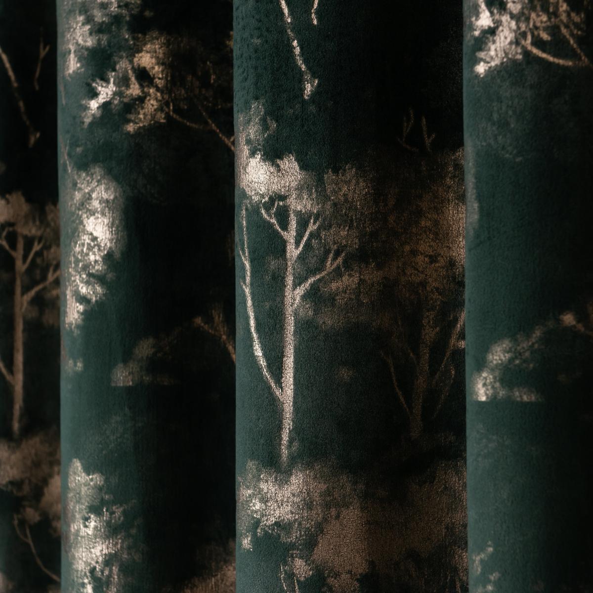Velour Tree Print Emerald Eyelet Curtains Green/Gold – image 6