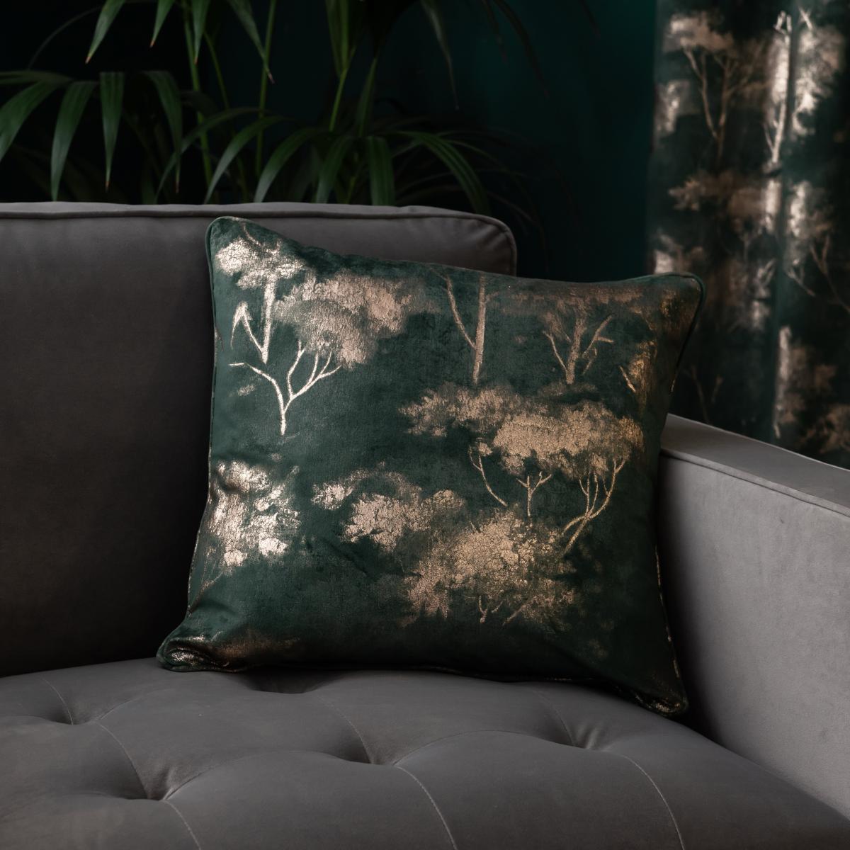 Velour Tree Print Emerald Eyelet Curtains Green/Gold – image 7