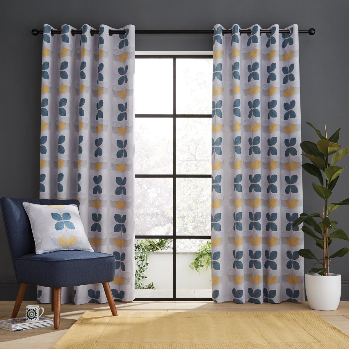 Linear Retro Floral Teal Eyelet Curtains Blue, Yellow and White – image 2