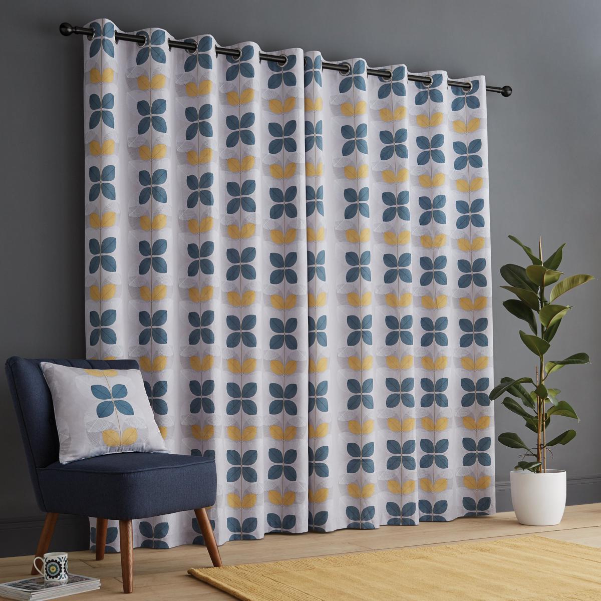 Linear Retro Floral Teal Eyelet Curtains Blue, Yellow and White – image 4