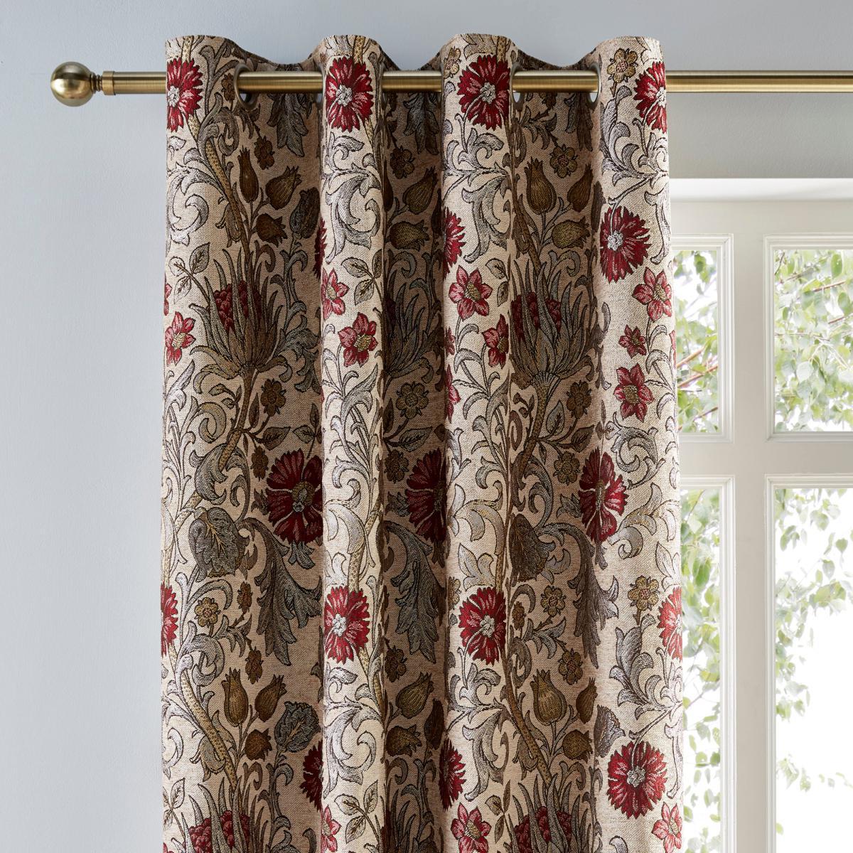 Betsy Natural Chenille Jacquard Eyelet Curtains Brown and Red – image 2