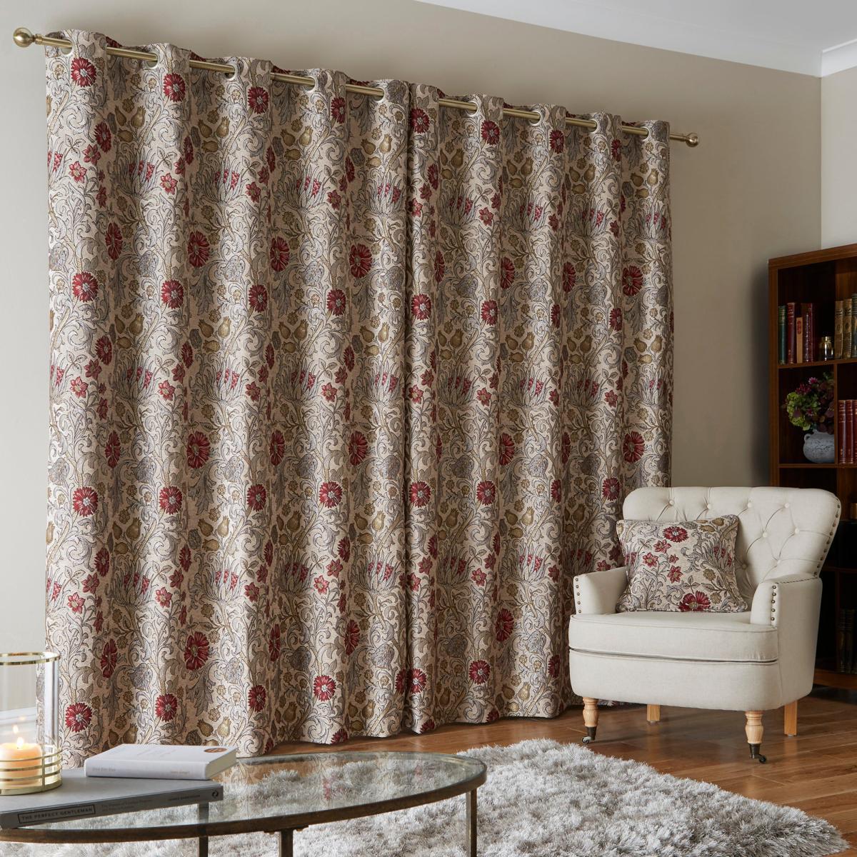 Betsy Natural Chenille Jacquard Eyelet Curtains Brown and Red – image 3