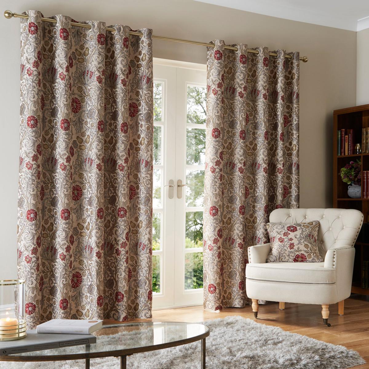 Betsy Natural Chenille Jacquard Eyelet Curtains Brown and Red – image 5