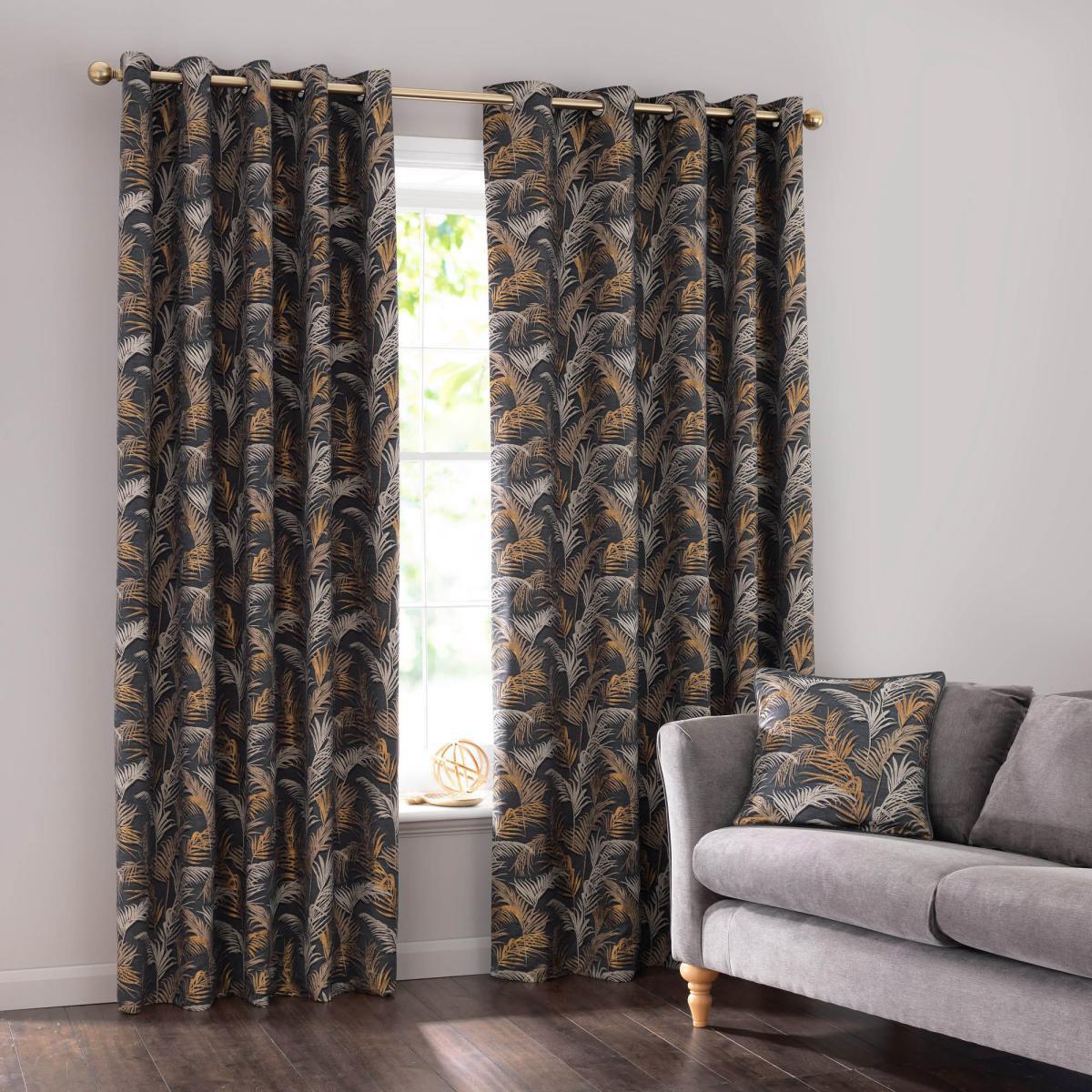 Palm Charcoal Eyelet Curtains Charcoal and Yellow – image 2