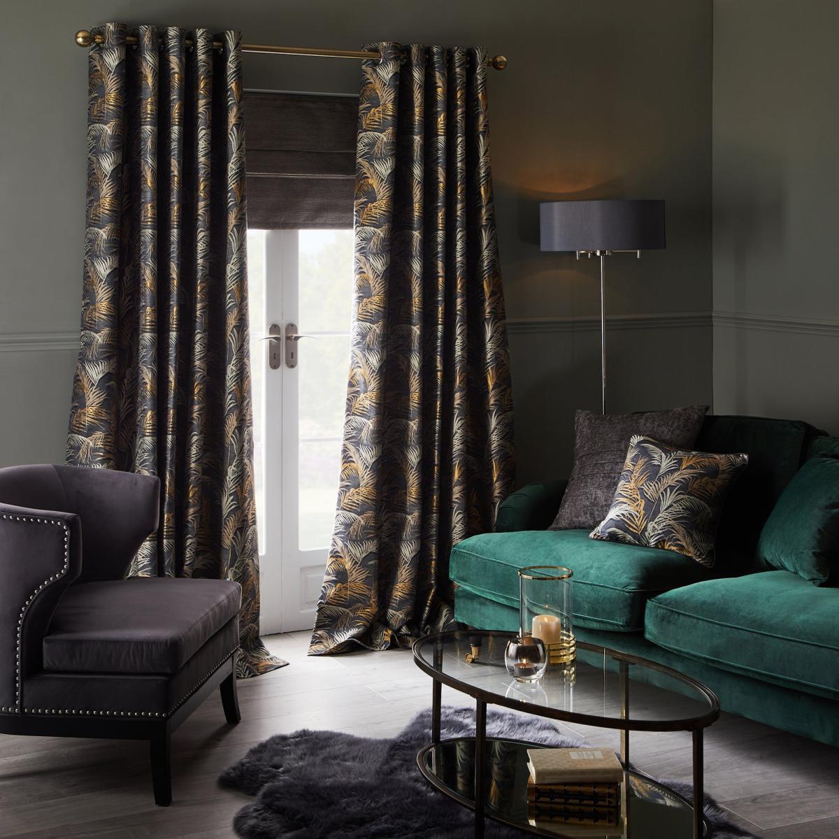 Palm Charcoal Eyelet Curtains Charcoal and Yellow – image 5