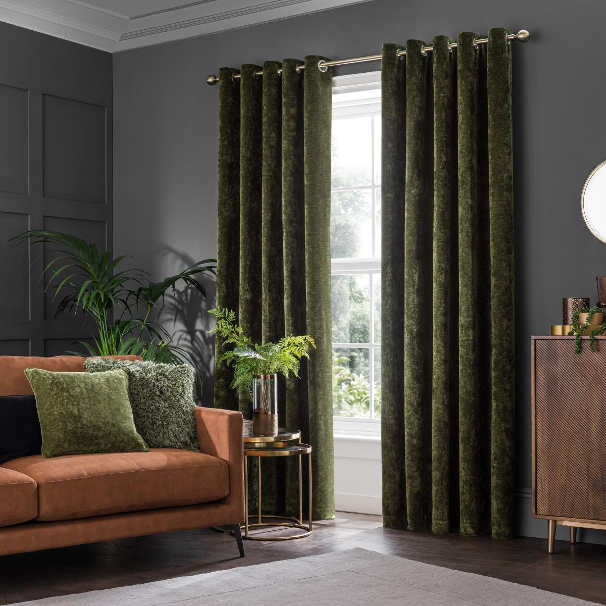 Vintage Chenille Olive Green Thermal Fleece Lined Eyelet Curtain Olive (Green) – image 2