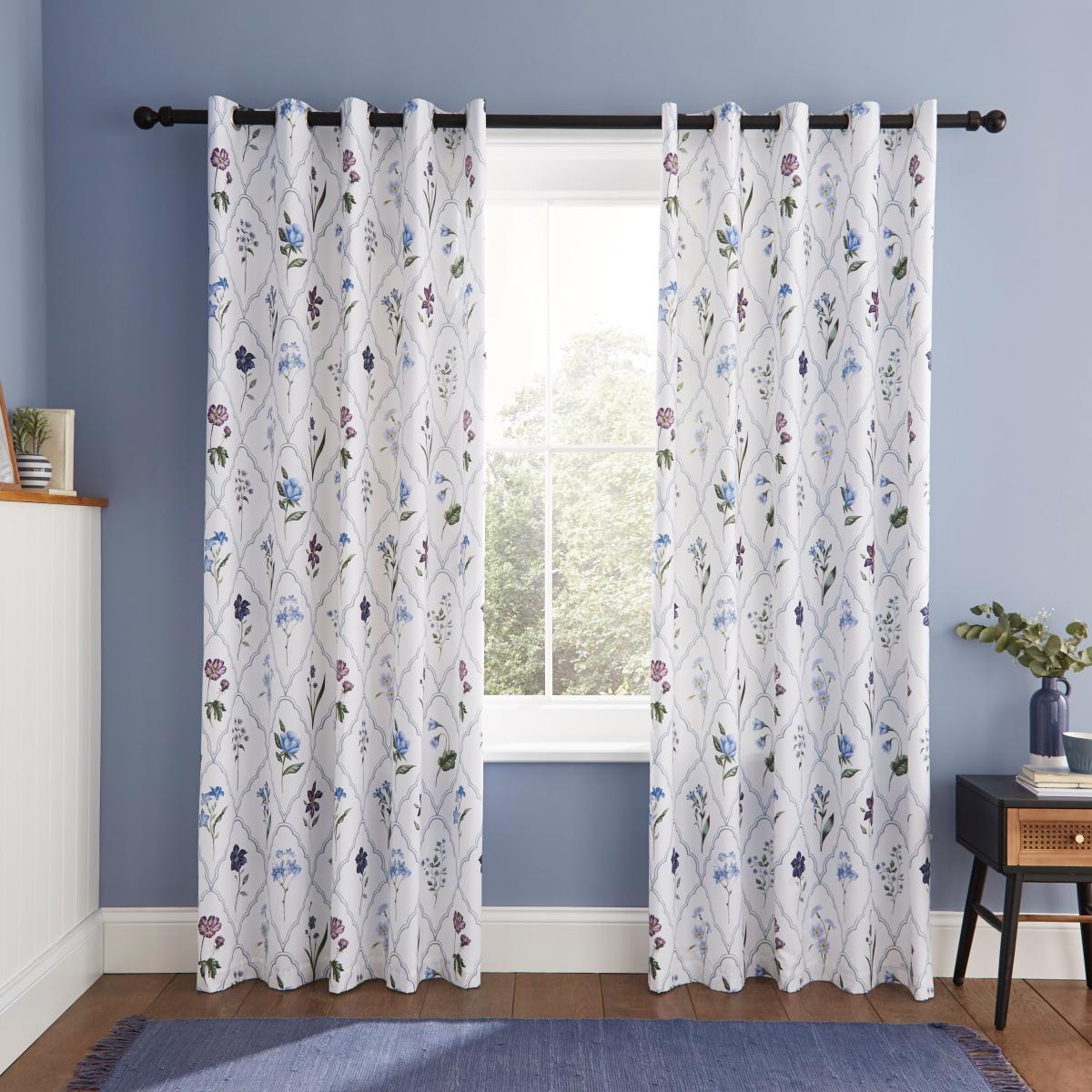 Botanical Trellis Blue Blackout Eyelet Curtains White/Blue/Green – image 2