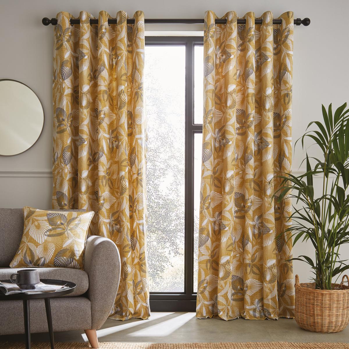 Catherine Lansfield Abbotsley Leaf Ochre Eyelet Curtains Ochre – image 2