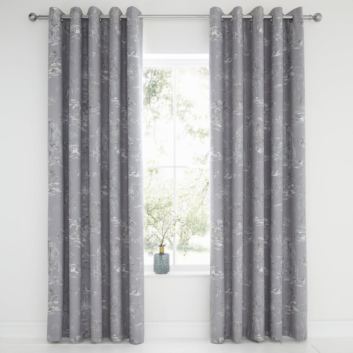 Chinoiserie Grey Blackout Eyelet Curtains Grey and White – image 2