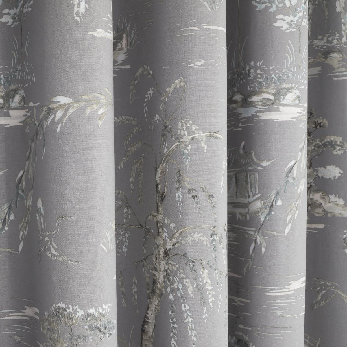 Chinoiserie Grey Blackout Eyelet Curtains Grey and White – image 3