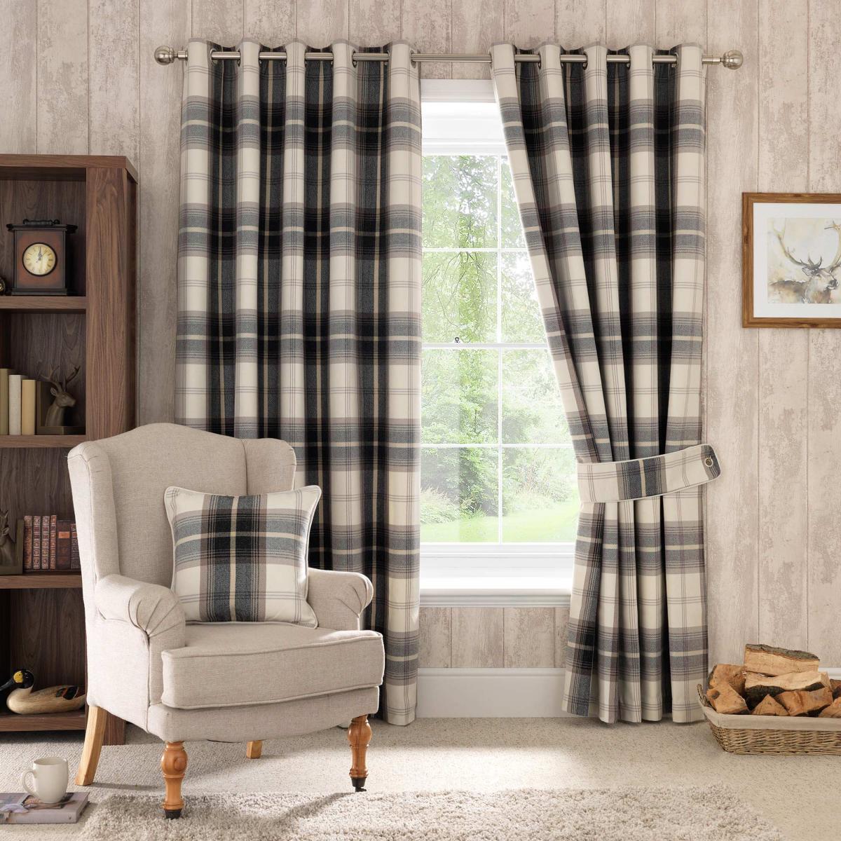 Highland Check Charcoal Eyelet Curtains Charcoal and Beige – image 2