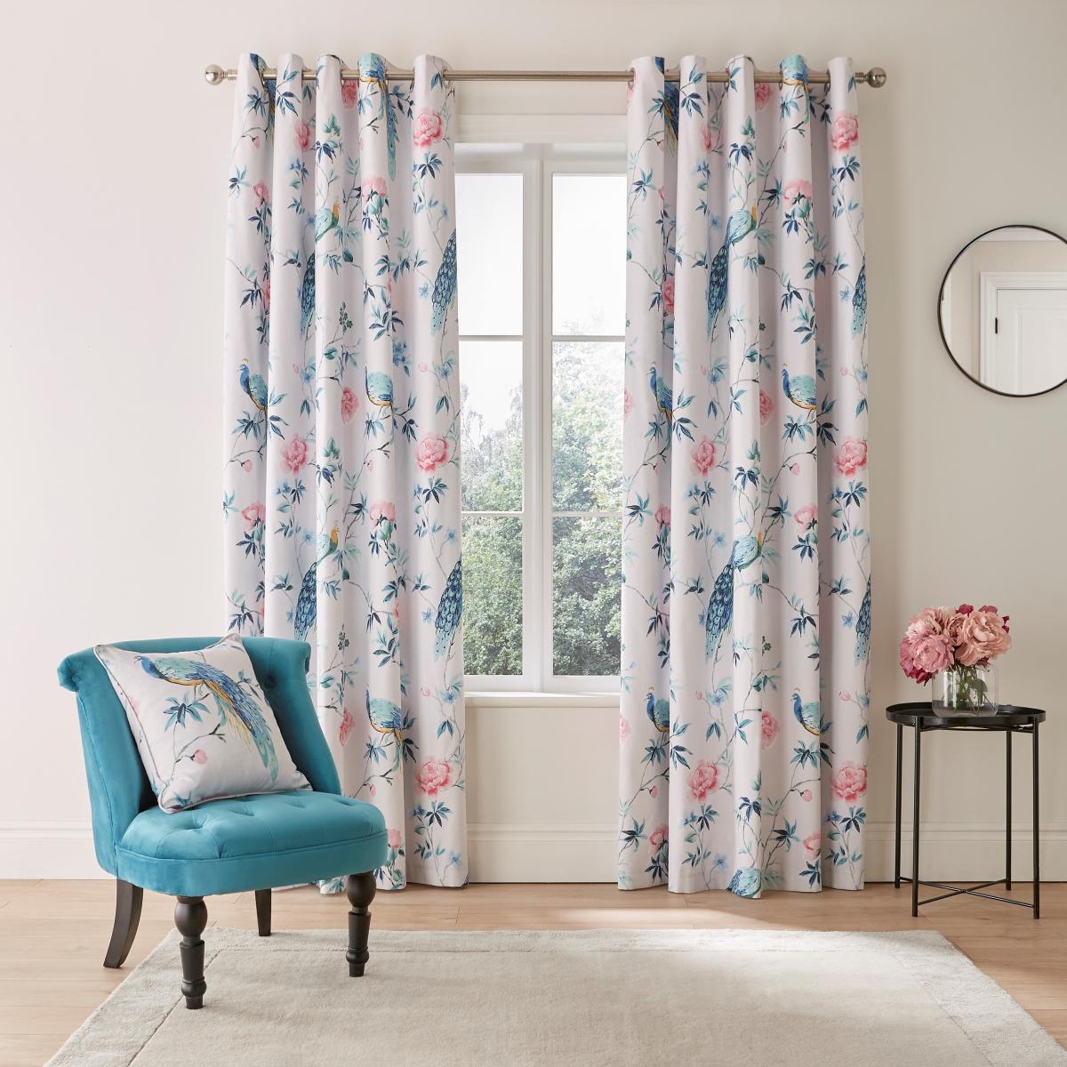Peacock Floral Pink Eyelet Curtains Pink/Green – image 2