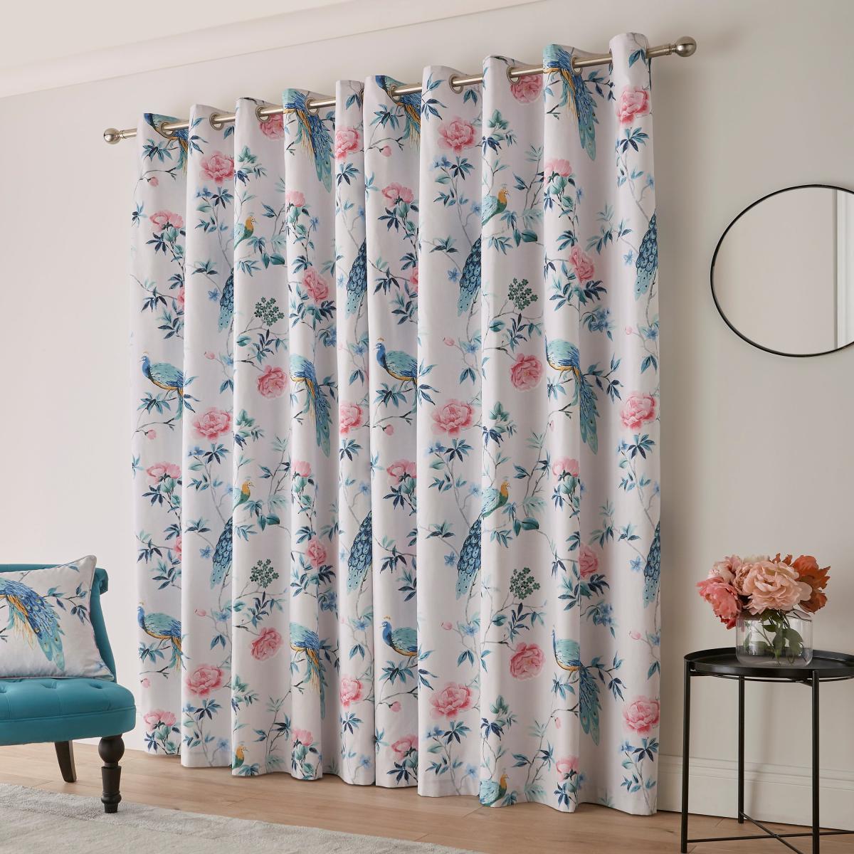 Peacock Floral Pink Eyelet Curtains Pink/Green – image 4