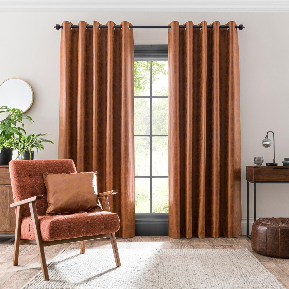 Faux Leather Tan Eyelet Curtains Brown – image 2