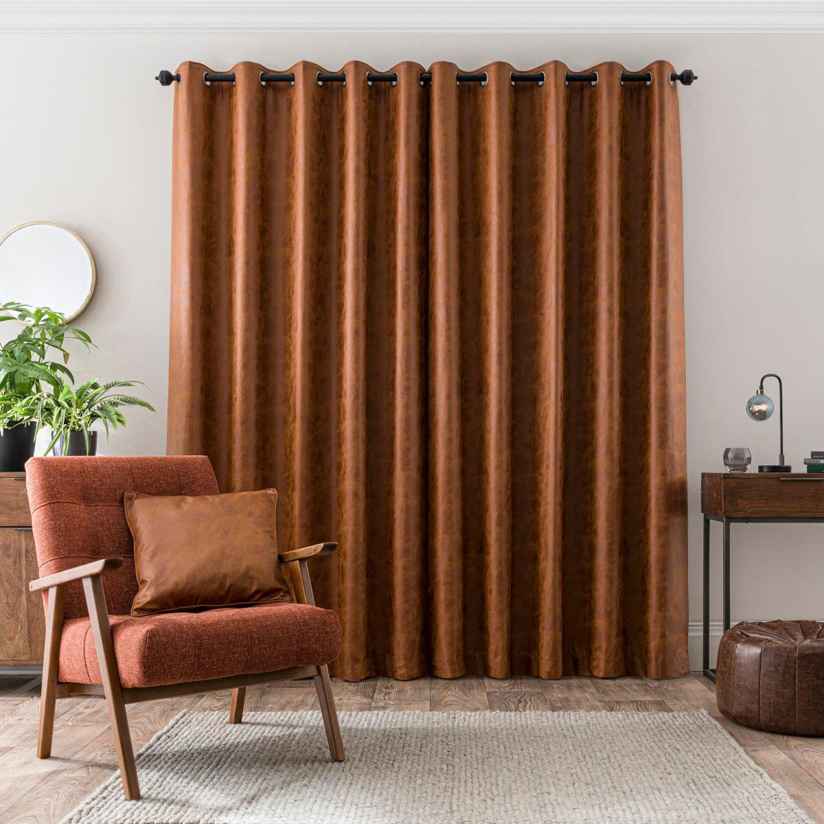 Faux Leather Tan Eyelet Curtains Brown – image 5