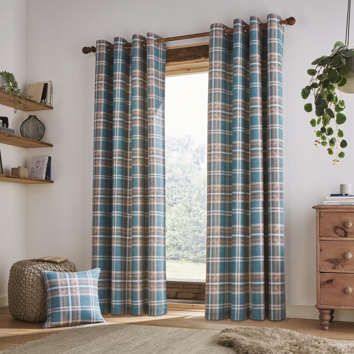 Catherine Lansfield Tweed Woven Check Teal Eyelet Curtains Teal (Blue) – image 2