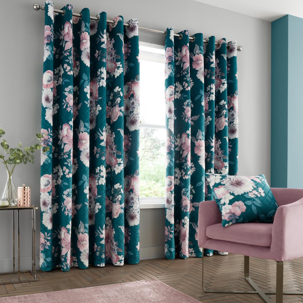 Catherine Lansfield Shewsbury Digital Print Velvet Pinsonic Teal Eyelet Curtains Teal (Blue) – image 1