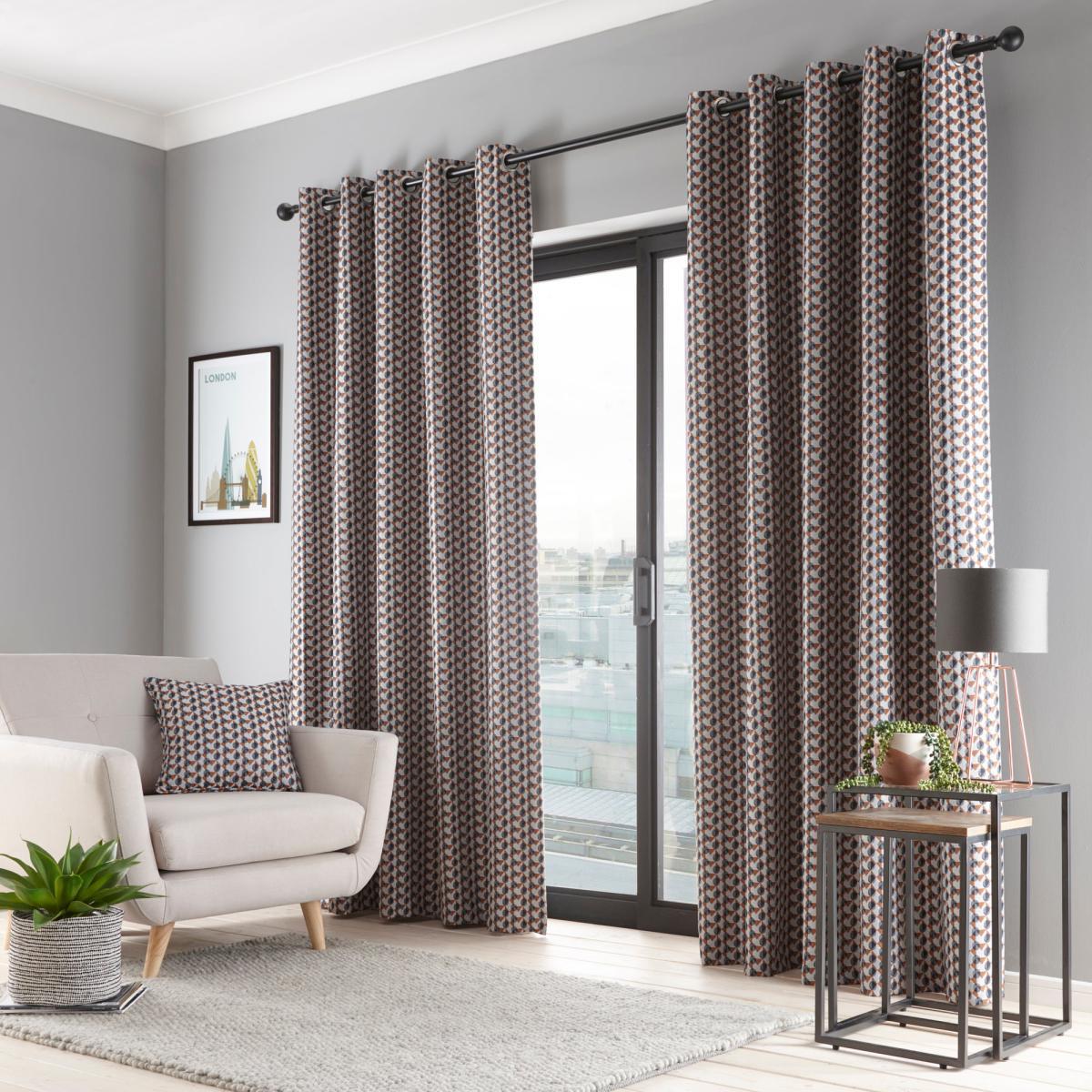 Elements Brandt Navy Eyelet Curtains Navy Blue, Orange and White – image 2
