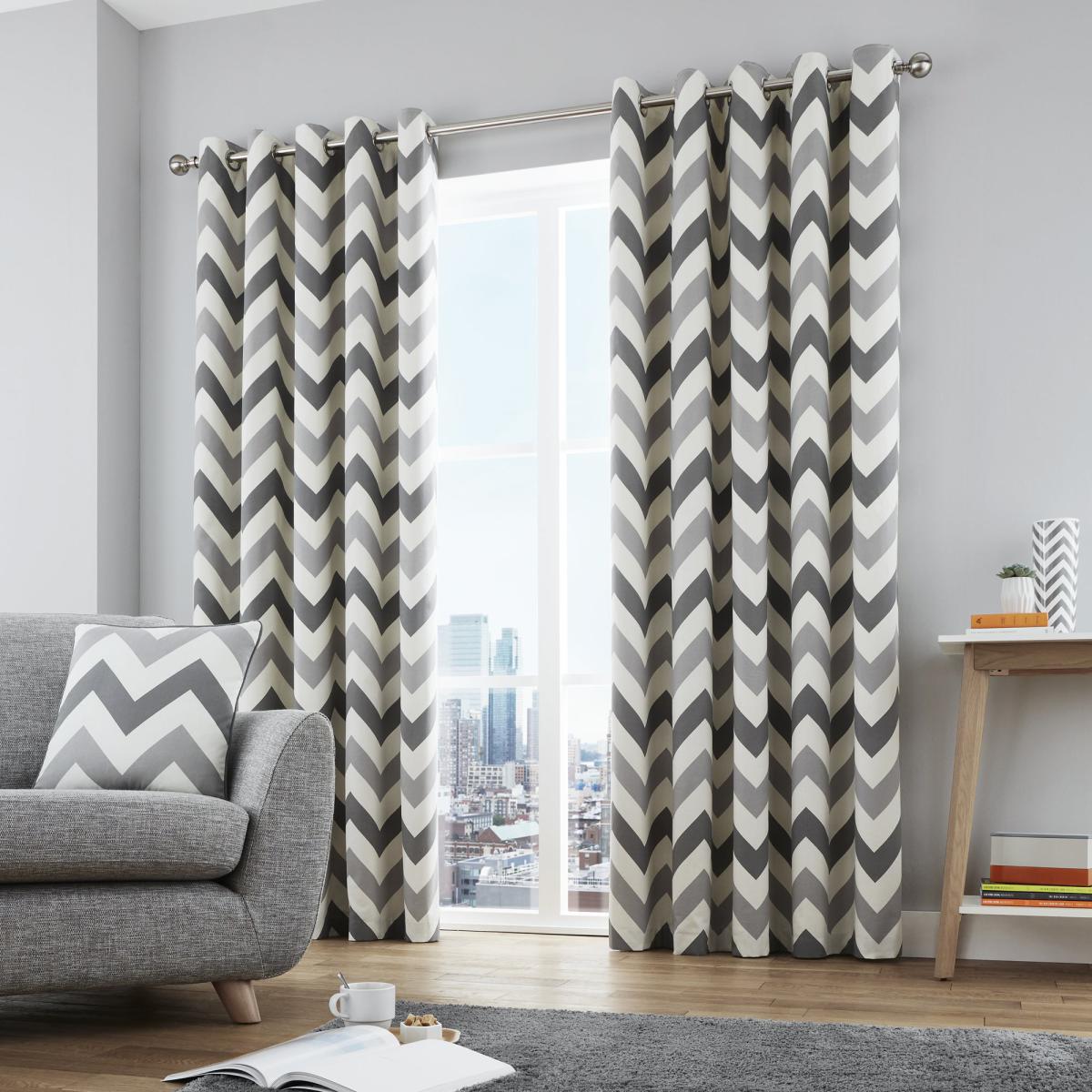Fusion Chevron Grey Eyelet Curtains Grey and White – image 2