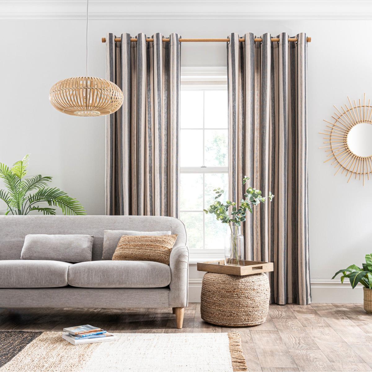 Nordic Stripe Monochrome 100% Cotton Eyelet Curtains Grey/Beige – image 2