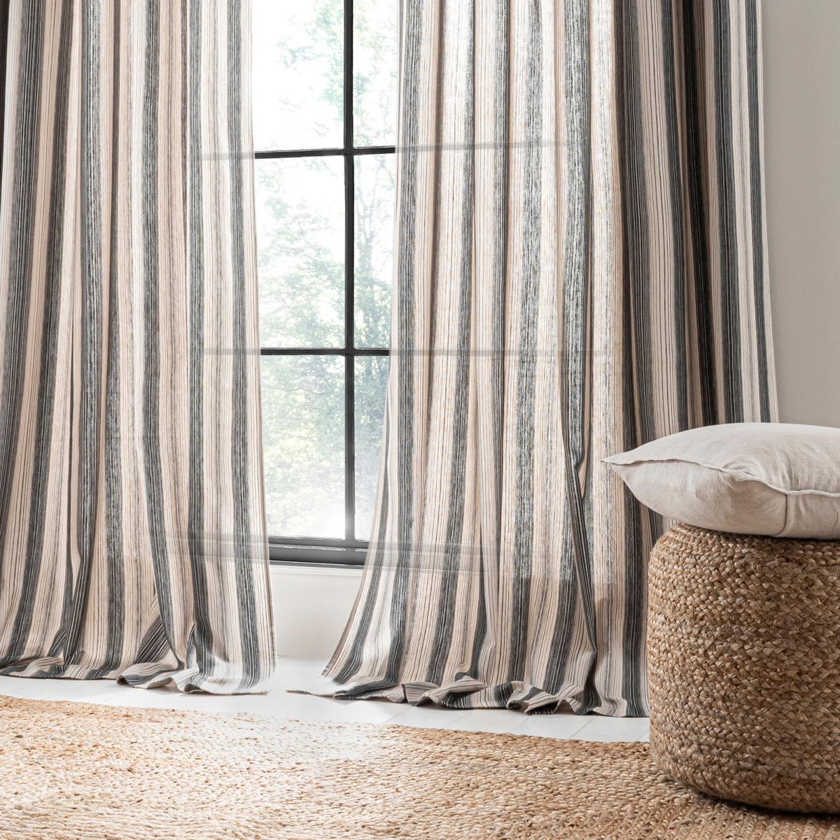 Nordic Stripe Monochrome 100% Cotton Eyelet Curtains Grey/Beige – image 3
