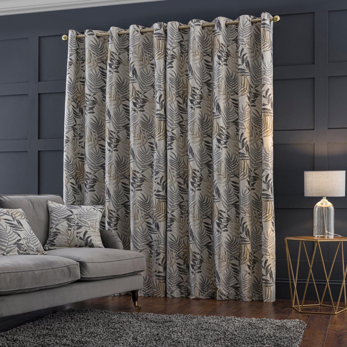 Leaf Jacquard Grey Blackout Eyelet Curtains Grey/Green – image 3