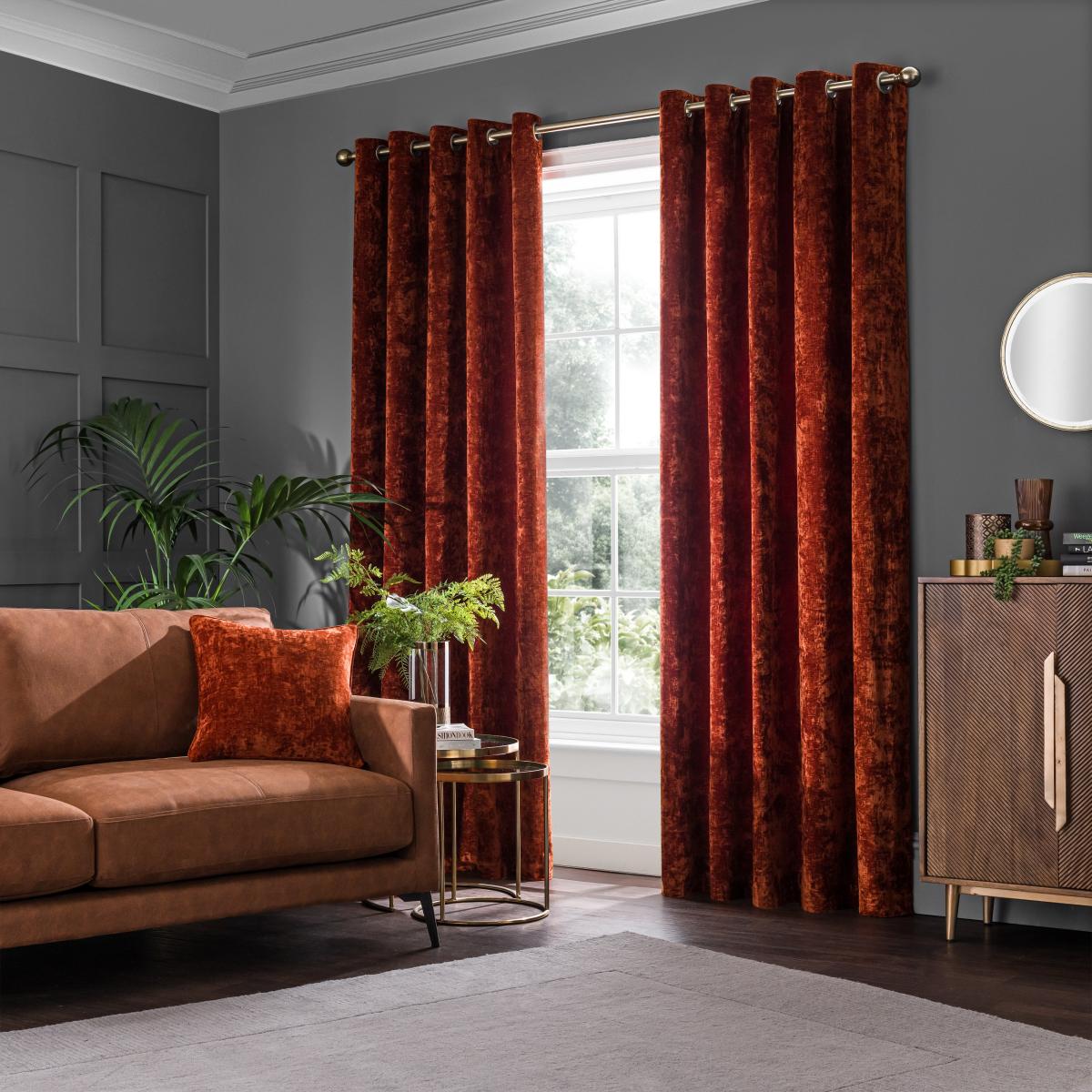 Vintage Chenille Orange Umber Thermal Fleece Lined Eyelet Curtain Orange Umber – image 2