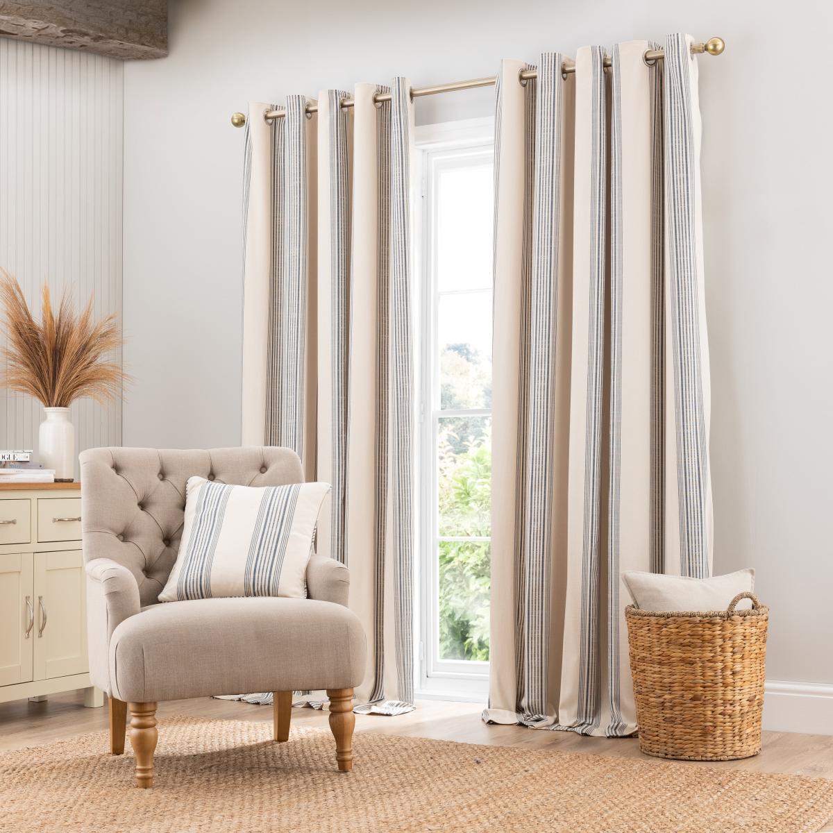 Churchgate Recycled Cotton Stripe Eyelet Curtains Blue – image 2
