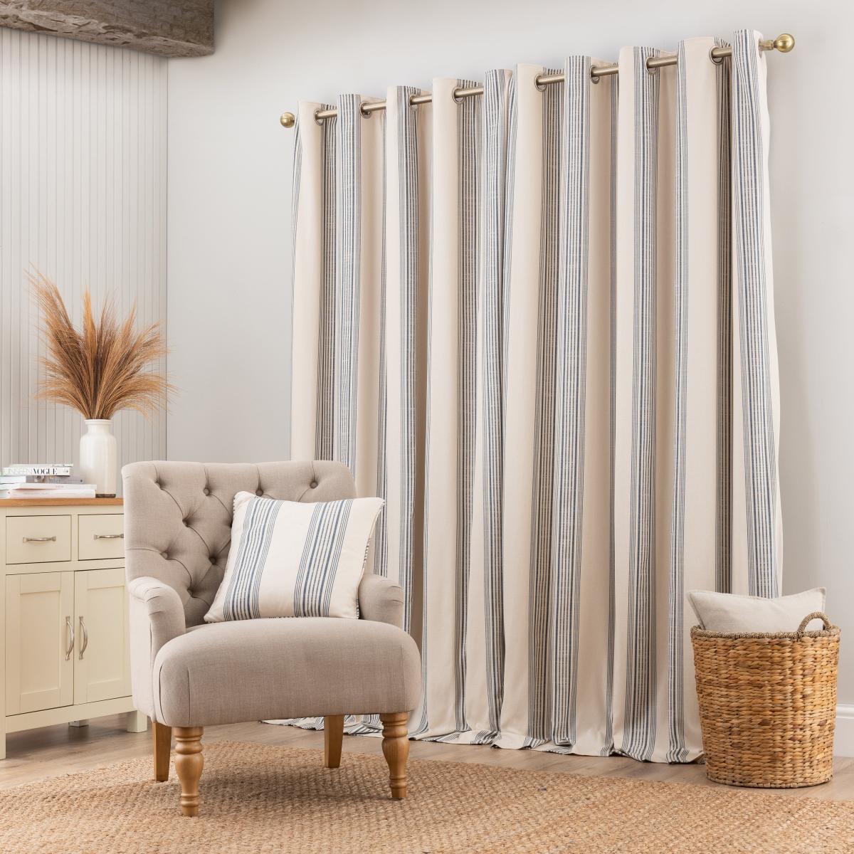 Churchgate Recycled Cotton Stripe Eyelet Curtains Blue – image 4