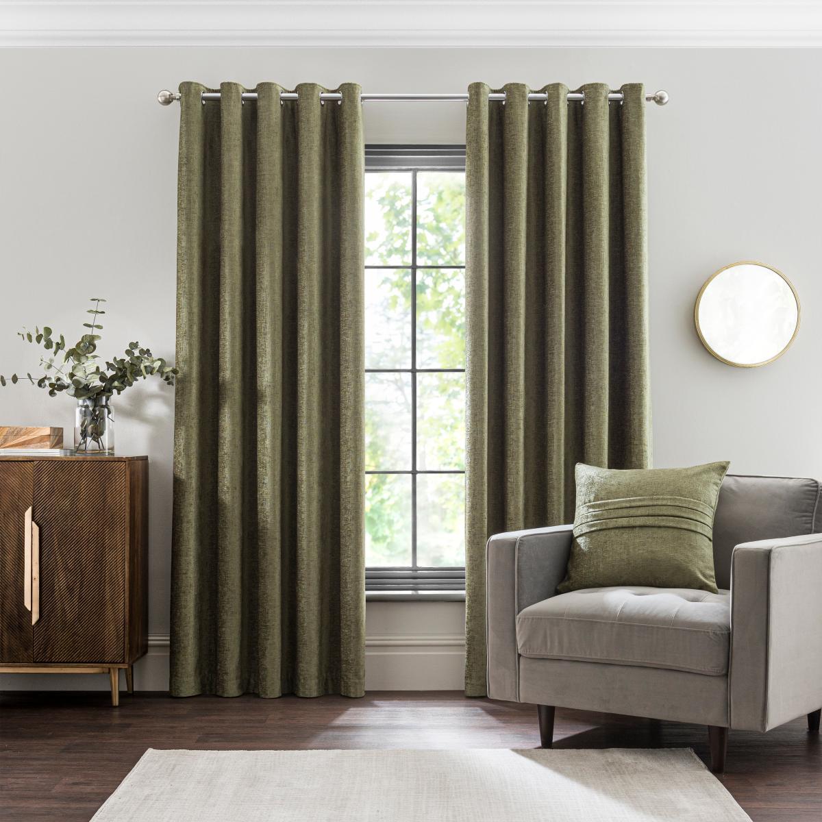 Chenille Olive Eyelet Curtains Green – image 2