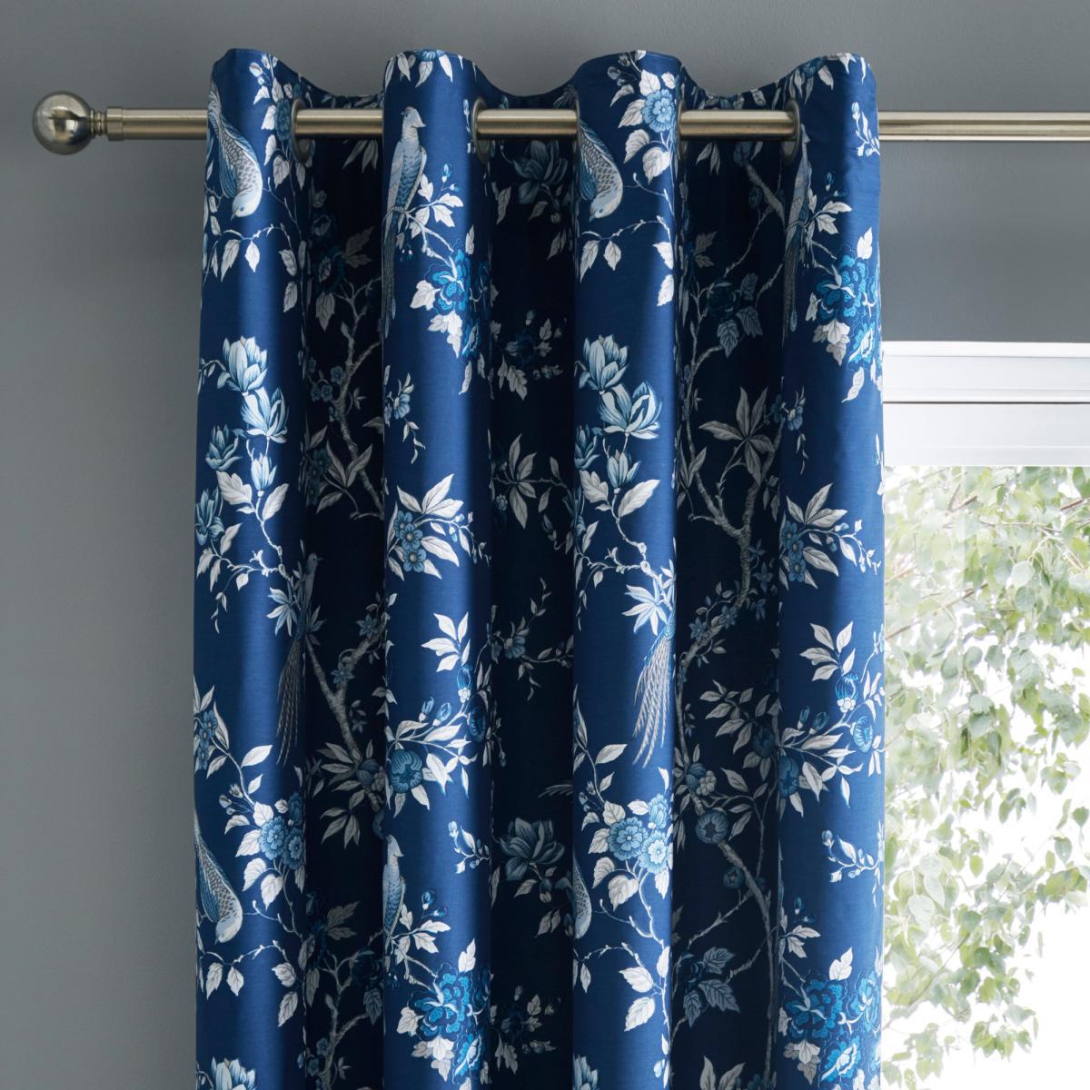 Oriental Bird Blue Blackout Eyelet Curtains Blue and White – image 2