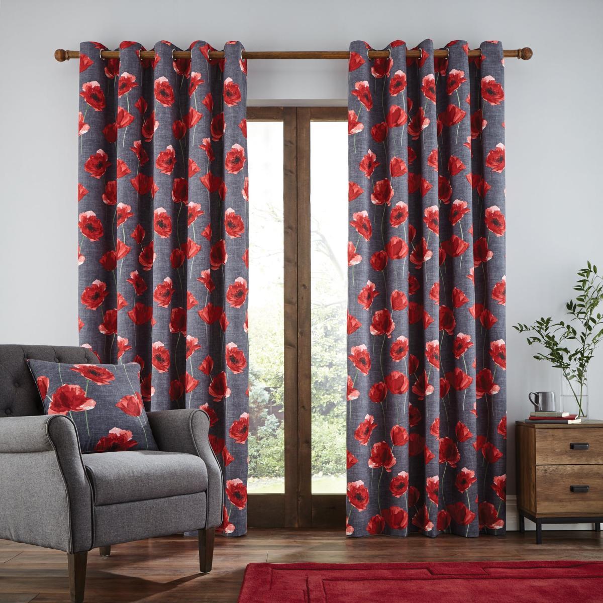 Poppy Trail Red Eyelet Curtains Red, Green and Grey – image 2