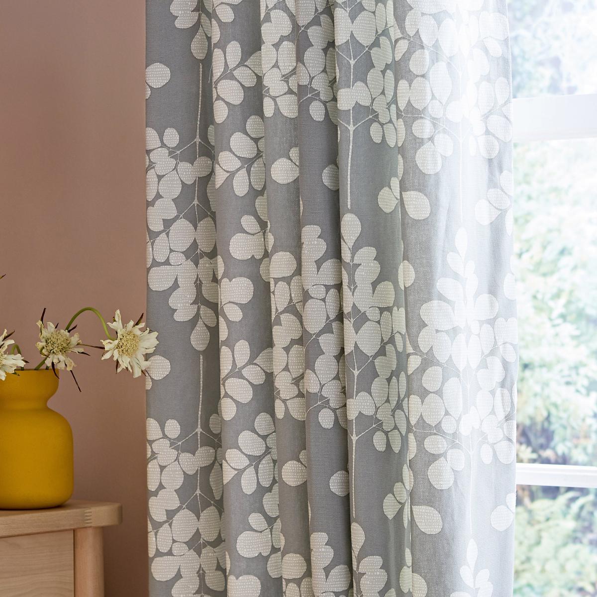 Clarissa Hulse Ginkgo Patchwork Pink and Mustard Eyelet Curtains Grey and White – image 4