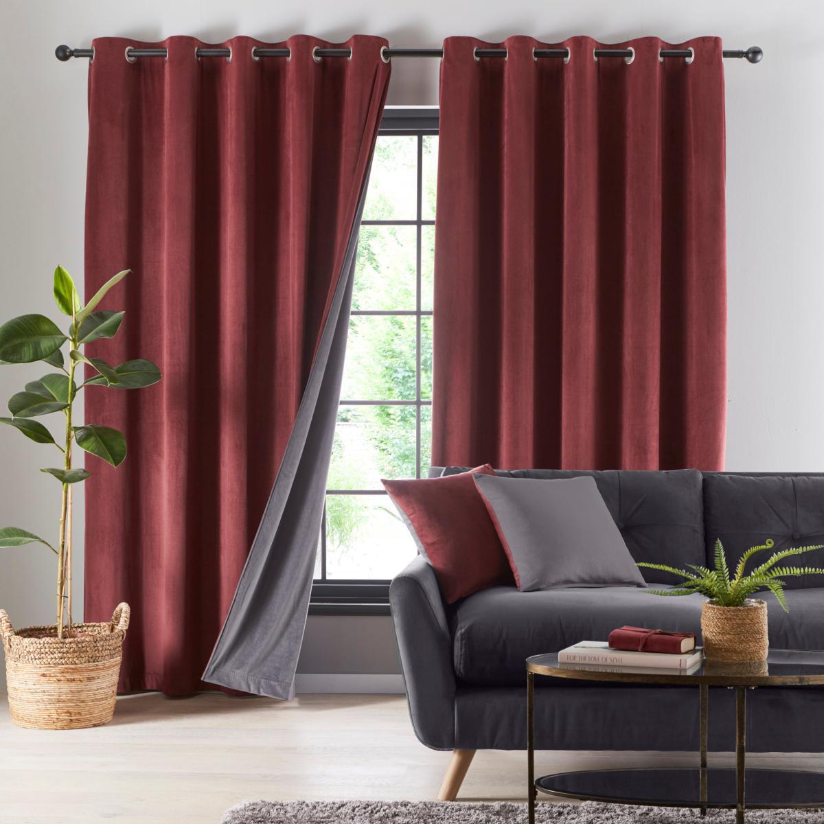 Reversible Merlot and Charcoal Velour Eyelet Curtains Red and Charcoal – image 2