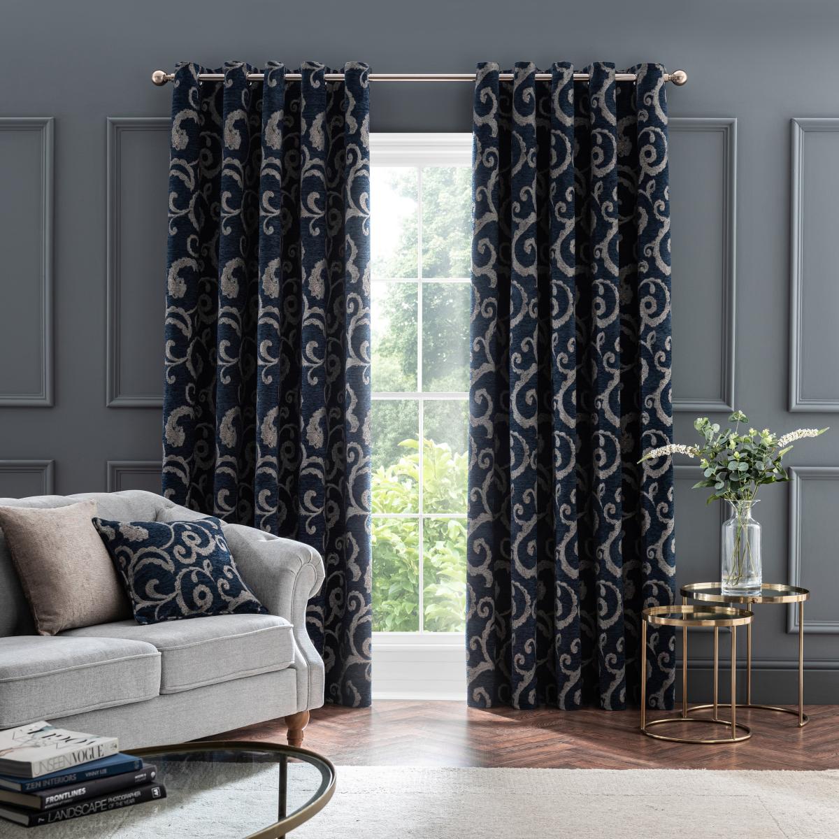 Chenille Scroll Navy Eyelet Curtains Navy – image 2