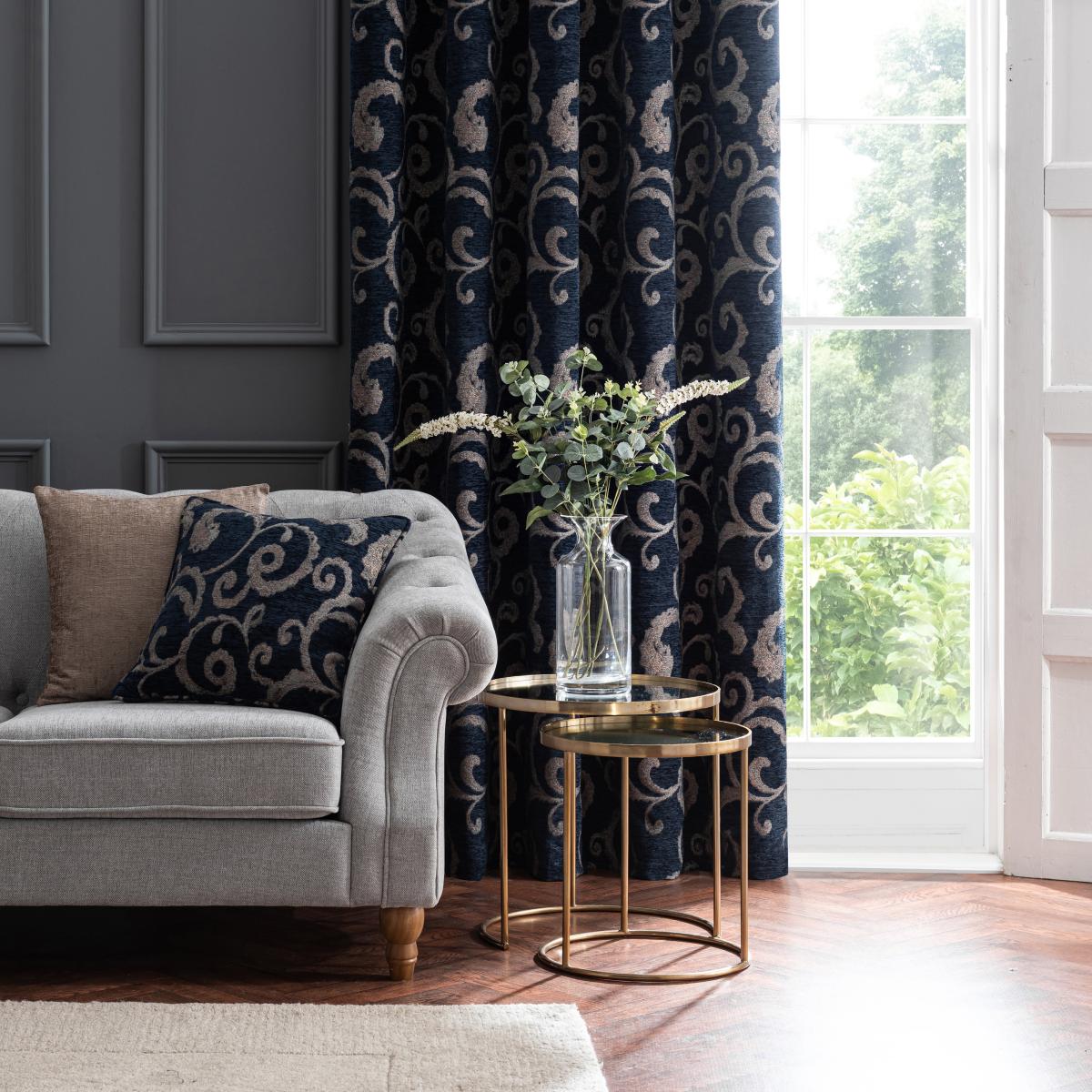 Chenille Scroll Navy Eyelet Curtains Navy – image 4