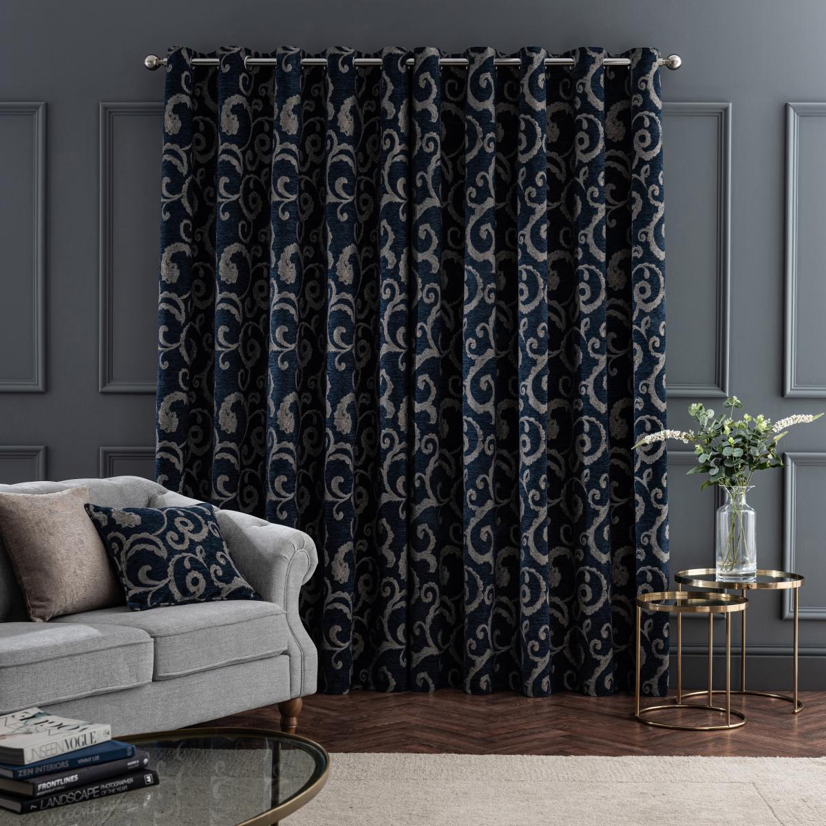 Chenille Scroll Navy Eyelet Curtains Navy – image 5