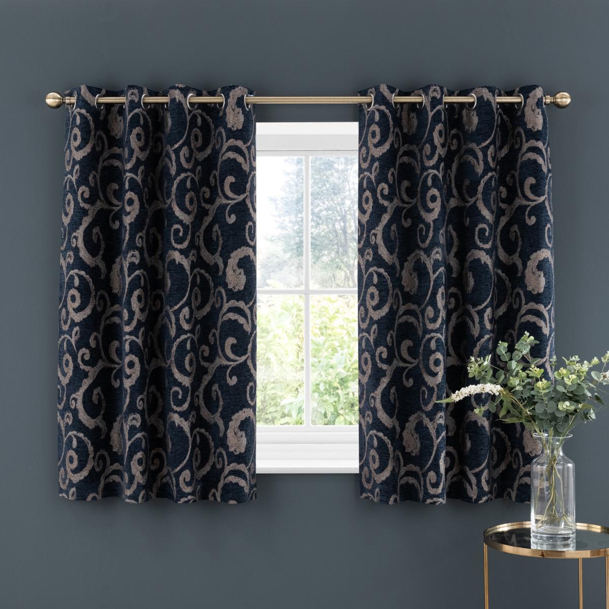 Chenille Scroll Navy Eyelet Curtains Navy – image 6