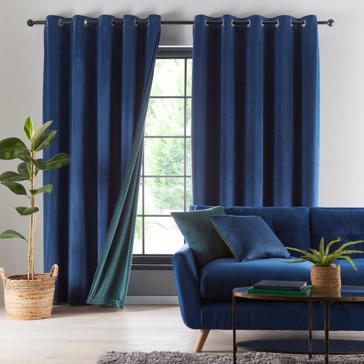 Reversible Peacock Green and Navy Velour Eyelet Curtains Green and Navy Blue – image 4