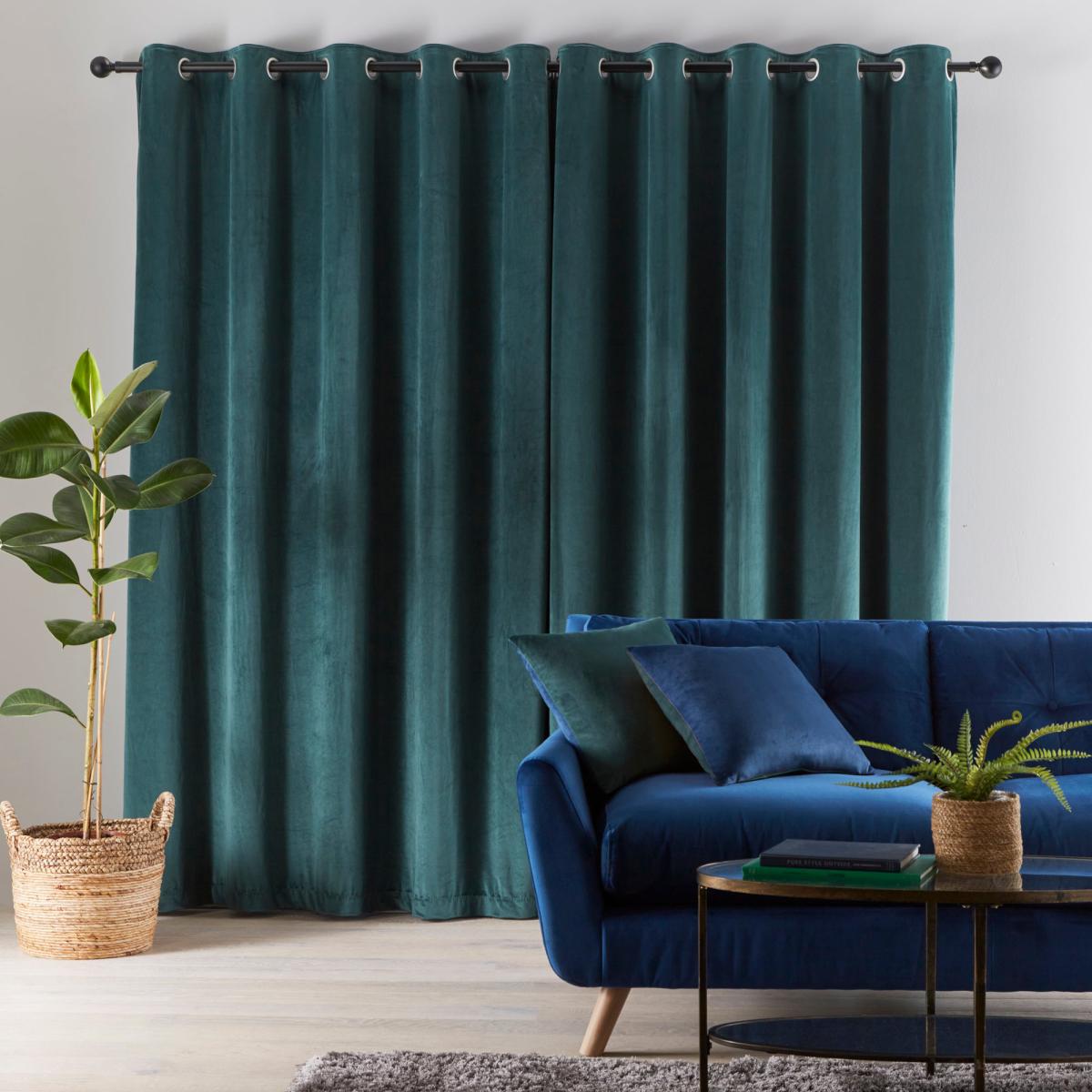 Reversible Peacock Green and Navy Velour Eyelet Curtains Green and Navy Blue – image 5