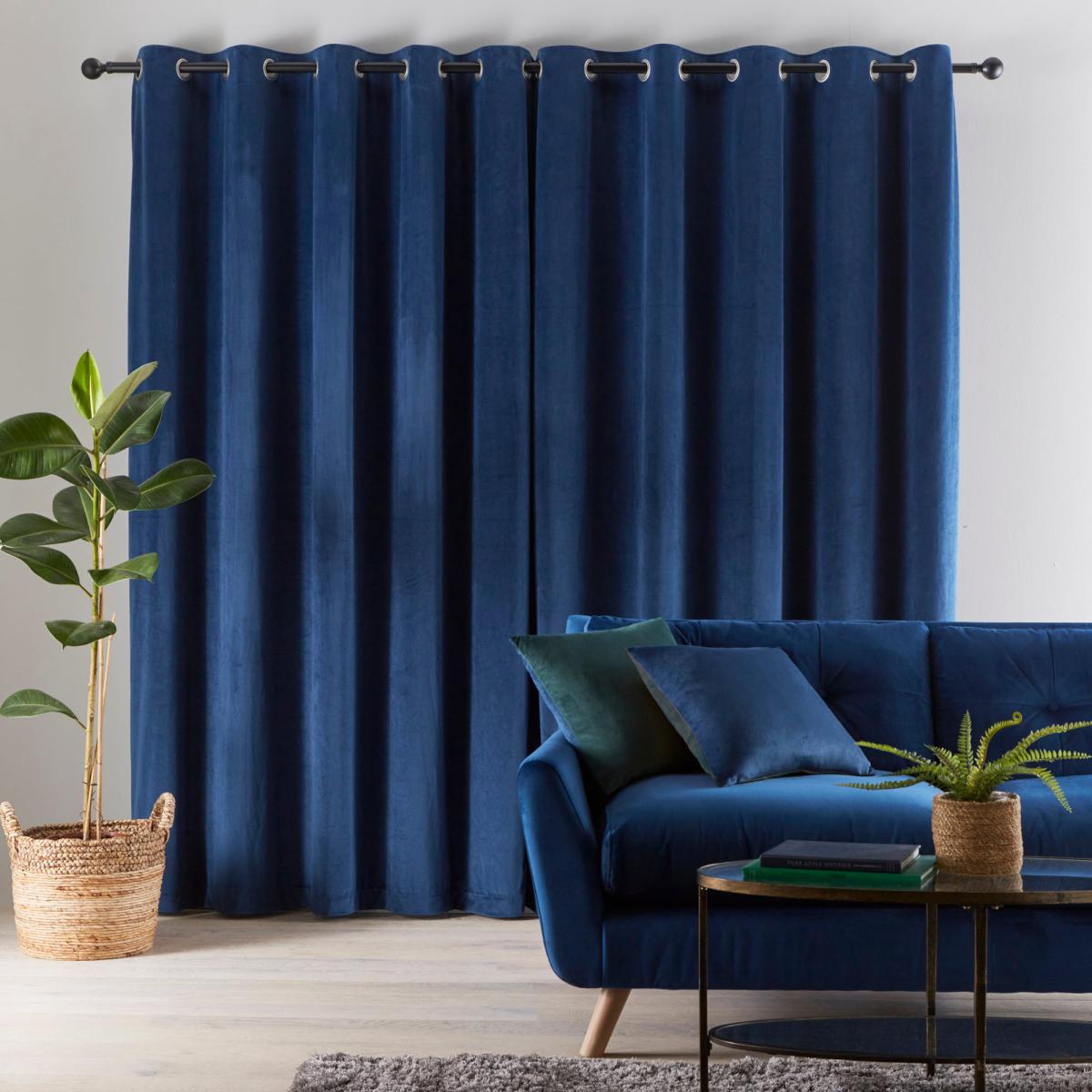 Reversible Peacock Green and Navy Velour Eyelet Curtains Green and Navy Blue – image 6
