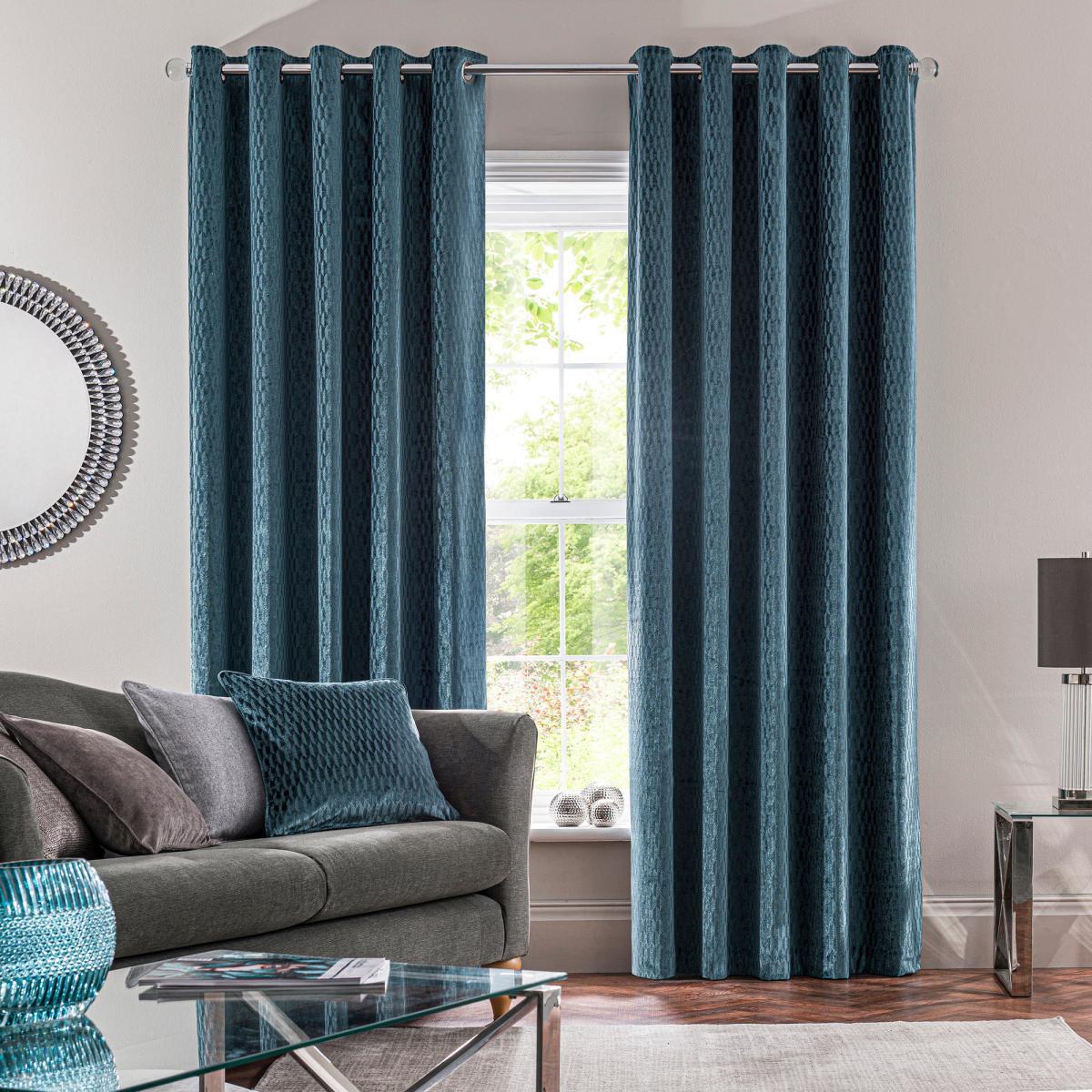Valencia Velvet Geometric Teal Eyelet Curtains Blue – image 2