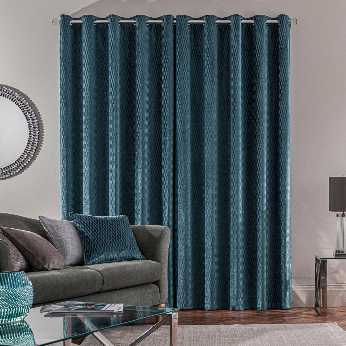 Valencia Velvet Geometric Teal Eyelet Curtains Blue – image 3