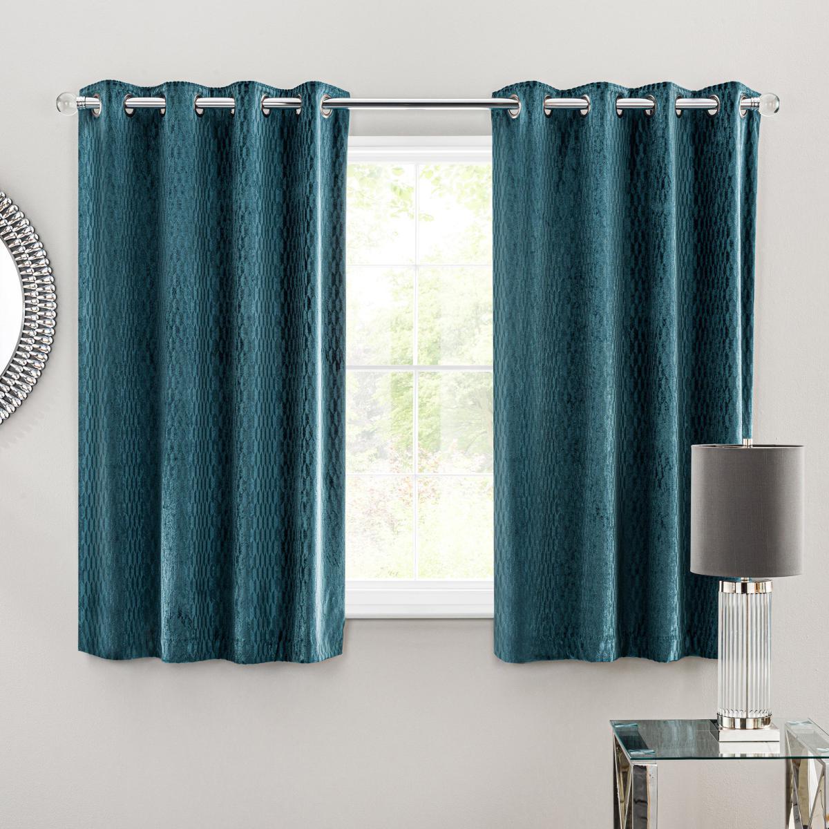 Valencia Velvet Geometric Teal Eyelet Curtains Blue – image 4