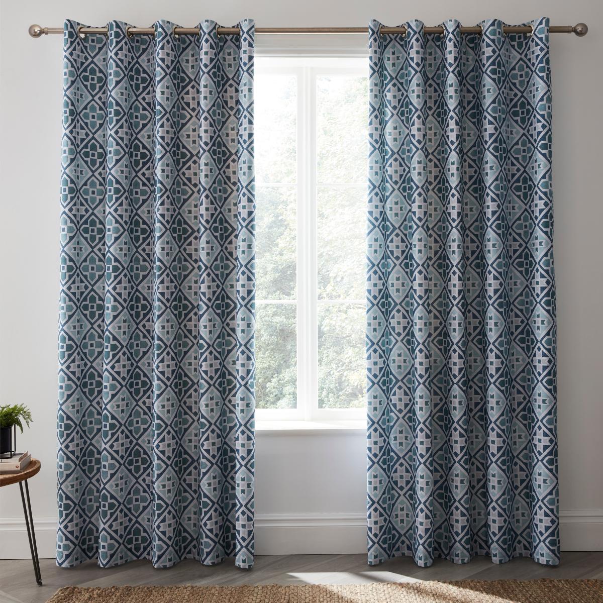 Global Tile Blue Blackout Eyelet Curtains Blue/White – image 4
